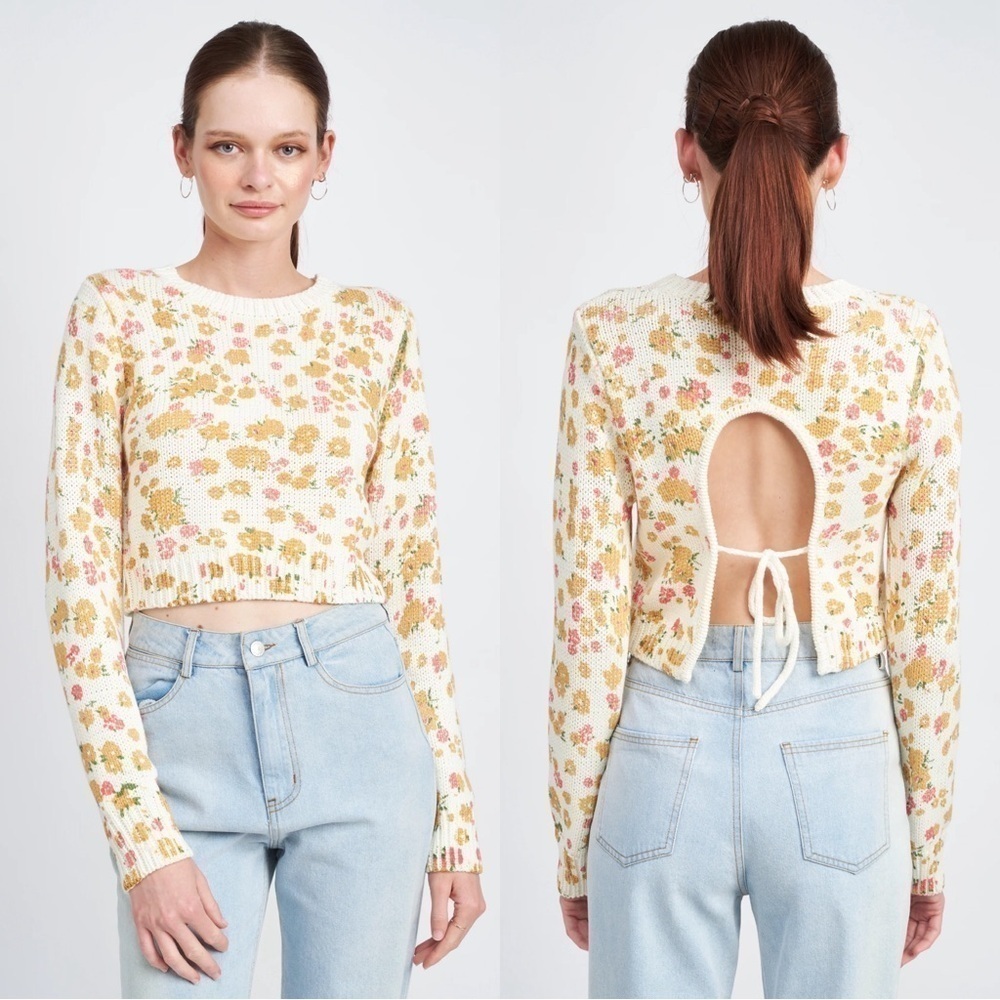 NWT Emory Park Floral Printed Everly Cropped Knit Sweater Top Size Small